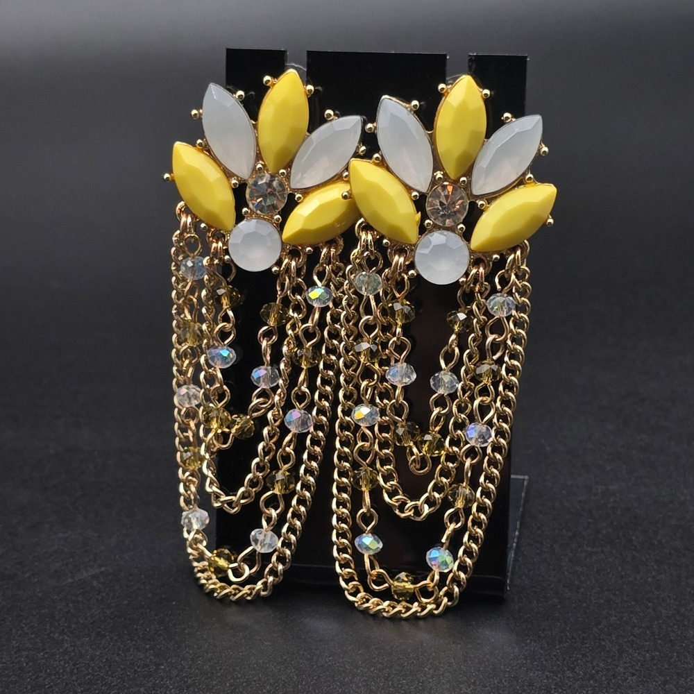 Yellow Rhinestone Chain Earrings Dangle Flower - Picture 7 of 8